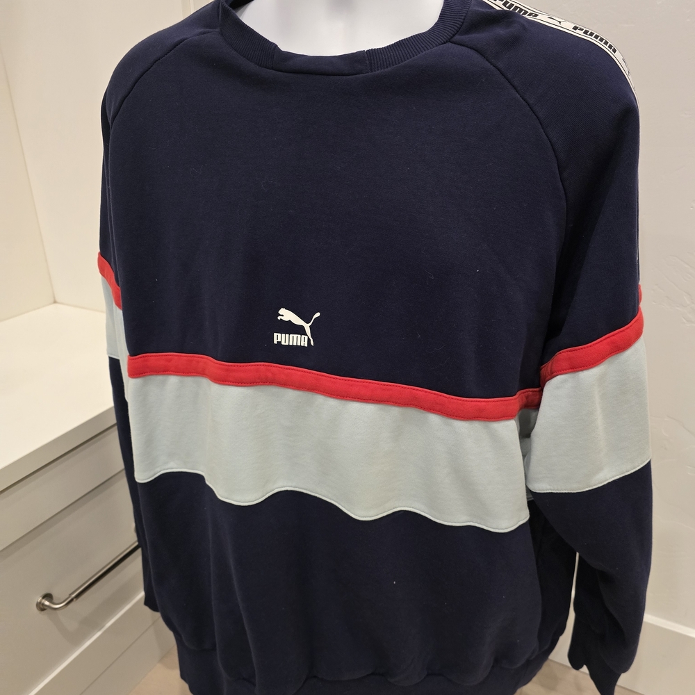 Puma Navy Crewneck Sweater with Light Blue & Red Stripes